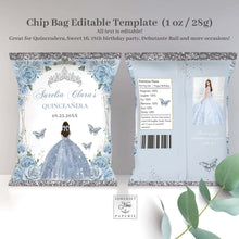 Load image into Gallery viewer, Chip Bag EDITABLE TEMPLATE Baby Blue Floral Butterflies Silver Quinceañera Sweet 16 Birthday Favor Instant Download Printable QC18
