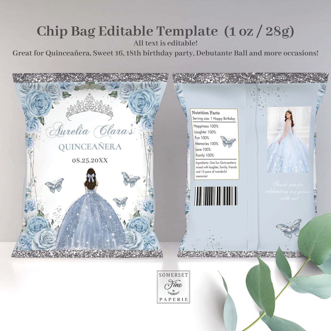 Chip Bag EDITABLE TEMPLATE Baby Blue Floral Butterflies Silver Quinceañera Sweet 16 Birthday Favor Instant Download Printable QC18