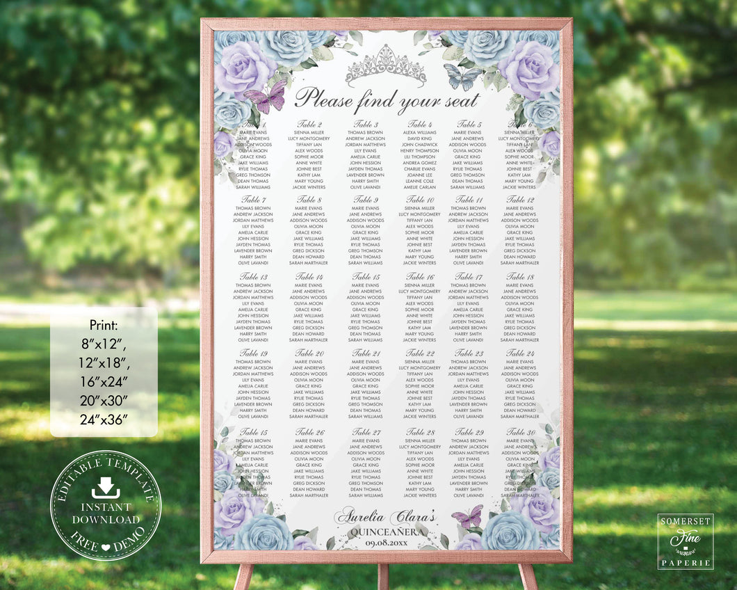 Baby Blue Lavender Purple Floral Silver Quinceañera Sweet 16 Birthday Seating Chart Sign Editable Template - Digital Printable Files - Instant Download - QC100