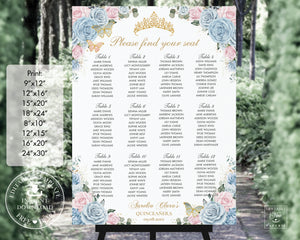 Baby Blue Pale Pink Floral Gold Quinceañera Sweet 16 Birthday Seating Chart Sign Editable Template - Digital Printable Files - Instant Download - QC55