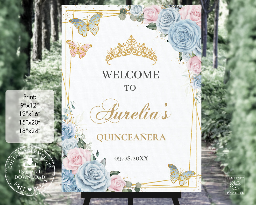 Chic Baby Blue Pale Pink Floral Butterflies Gold Quinceañera Sweet 16 Birthday Welcome Sign Editable Template - Digital Printable File - Instant Download - QC55