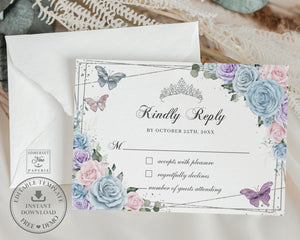 Baby Blue Pink Purple Floral Silver Quinceañera Sweet 15 16th Birthday RSVP Reply Card Editable Template - Digital Printable Files - Instant Download - QC90