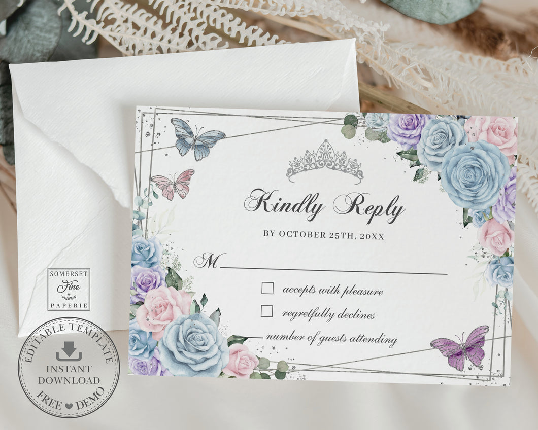 Baby Blue Pink Purple Floral Silver Quinceañera Sweet 15 16th Birthday RSVP Reply Card Editable Template - Digital Printable Files - Instant Download - QC90
