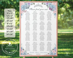 Baby Blue Pink Purple Floral Silver Quinceañera Sweet 16 Birthday Seating Chart Sign Editable Template - Digital Printable Files - Instant Download - QC90