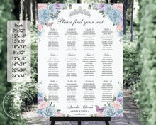 Load image into Gallery viewer, Baby Blue Pink Purple Floral Silver Quinceañera Sweet 16 Birthday Seating Chart Sign Editable Template - Digital Printable Files - Instant Download - QC90
