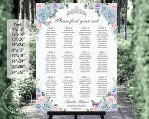 Baby Blue Pink Purple Floral Silver Quinceañera Sweet 16 Birthday Seating Chart Sign Editable Template - Digital Printable Files - Instant Download - QC90