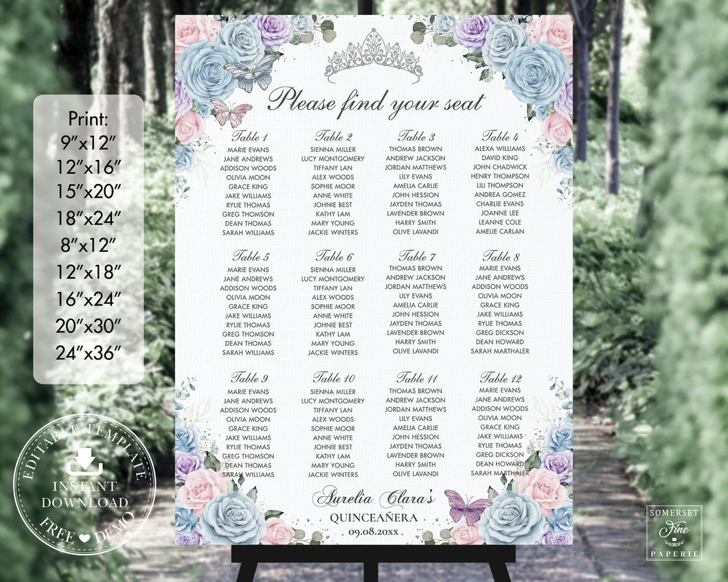 Baby Blue Pink Purple Floral Silver Quinceañera Sweet 16 Birthday Seating Chart Sign Editable Template - Digital Printable Files - Instant Download - QC90