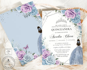Chic Baby Blue Lilac Purple Floral Quince Girl Quinceañera Sweet 16 Birthday Invitation Editable Template - Digital Printable File - Instant Download - QC29