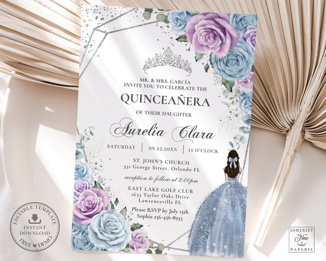 Chic Baby Blue Lilac Purple Floral Quince Girl Quinceañera Sweet 16 Birthday Invitation Editable Template - Digital Printable File - Instant Download - QC29