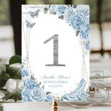 Load image into Gallery viewer, Baby Blue Floral Princess Cinderella Glass Slipper Quinceañera Quince Birthday Sweet 16 Table Number Sign Editable Template Printable, INSTANT Download, QC18
