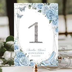 Baby Blue Floral Princess Cinderella Glass Slipper Quinceañera Quince Birthday Sweet 16 Table Number Sign Editable Template Printable, INSTANT Download, QC18