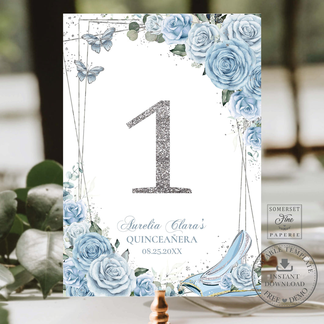 Baby Blue Floral Princess Cinderella Glass Slipper Quinceañera Quince Birthday Sweet 16 Table Number Sign Editable Template Printable, INSTANT Download, QC18