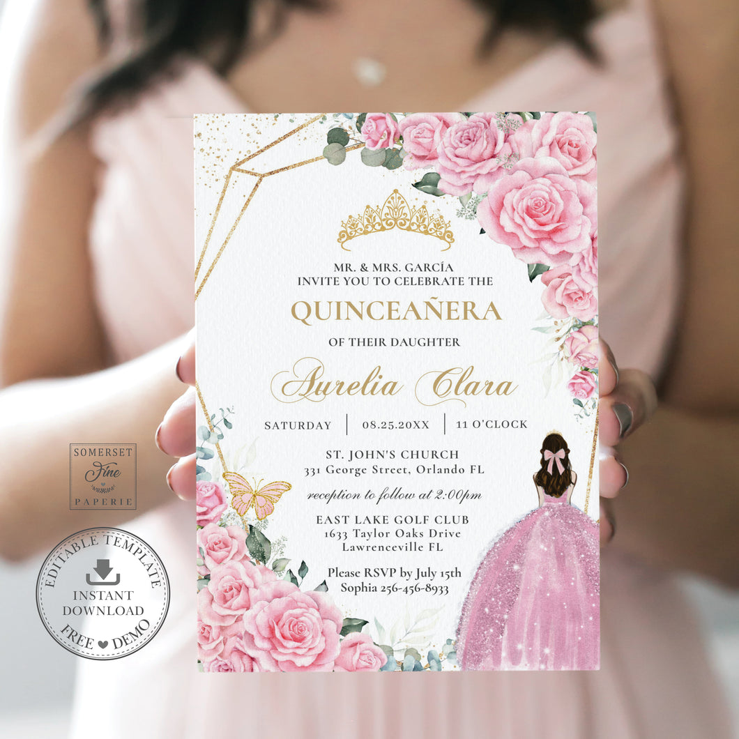 Pink Roses Floral Princess Dress Gold Quinceañera Sweet 16 Birthday Invitation Editable Template - Digital Printable File - Instant Download - QC24