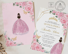Load image into Gallery viewer, Pink Roses Floral Princess Dress Gold Quinceañera Sweet 16 Birthday Invitation Editable Template - Digital Printable File - Instant Download - QC24
