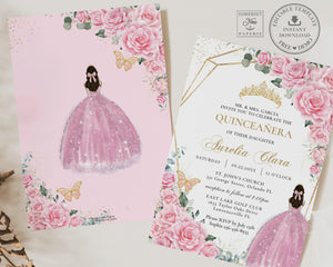 Pink Roses Floral Princess Dress Gold Quinceañera Sweet 16 Birthday Invitation Editable Template - Digital Printable File - Instant Download - QC24