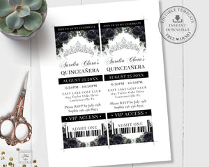 Chic Black Floral Silver Princess Crown Quinceañera Sweet 16 Birthday VIP Ticket Slim Invitation Editable Template - Digital Printable File - Instant Download - QC25