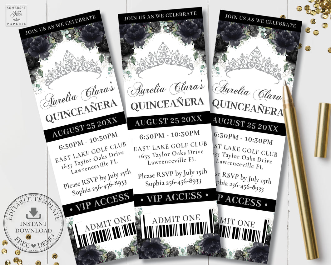 Chic Black Floral Silver Princess Crown Quinceañera Sweet 16 Birthday VIP Ticket Slim Invitation Editable Template - Digital Printable File - Instant Download - QC25