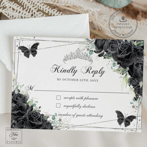 Black Floral Silver Butterflies Quinceañera RSVP Card EDITABLE TEMPLATE Mis Quince 15 Sweet 16 Birthday Printable QC25