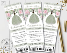Load image into Gallery viewer, Chic Sage Green Blush Pink Floral Quince Girl Silver Quinceañera Sweet 16 Birthday VIP Ticket Invitation Editable Template - Digital Printable File - Instant Download - QC49
