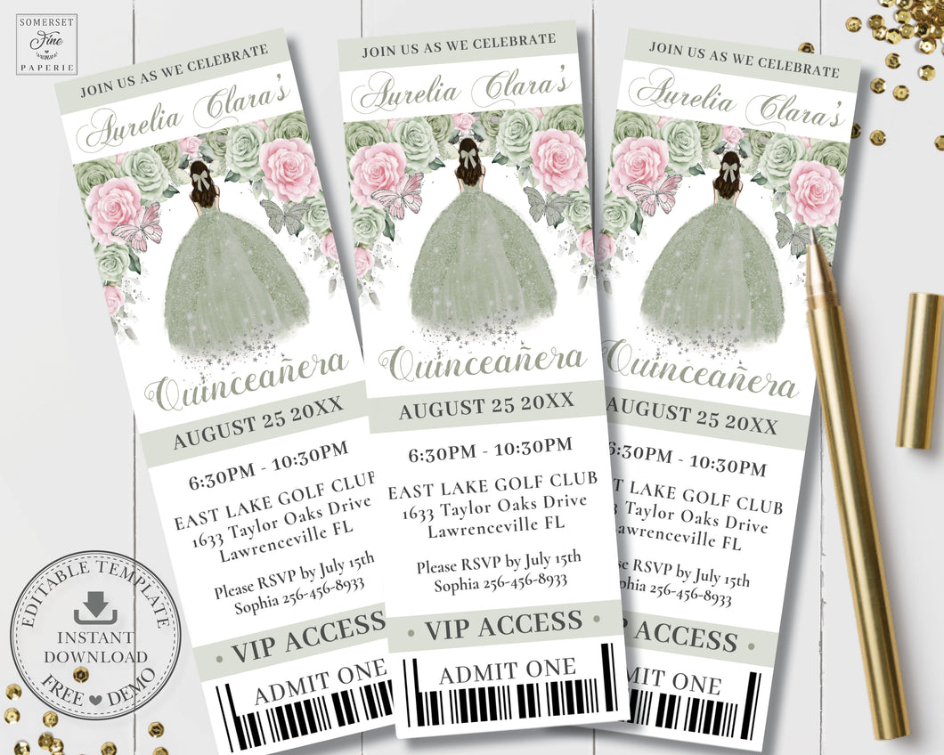 Chic Sage Green Blush Pink Floral Quince Girl Silver Quinceañera Sweet 16 Birthday VIP Ticket Invitation Editable Template - Digital Printable File - Instant Download - QC49