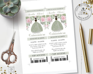 Chic Sage Green Blush Pink Floral Quince Girl Silver Quinceañera Sweet 16 Birthday VIP Ticket Invitation Editable Template - Digital Printable File - Instant Download - QC49