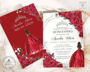 Red Roses Floral Princess Sweet 16 Silver Quinceañera XV Birthday Invitation Editable Template - Digital Printable File - Instant Download - QC19