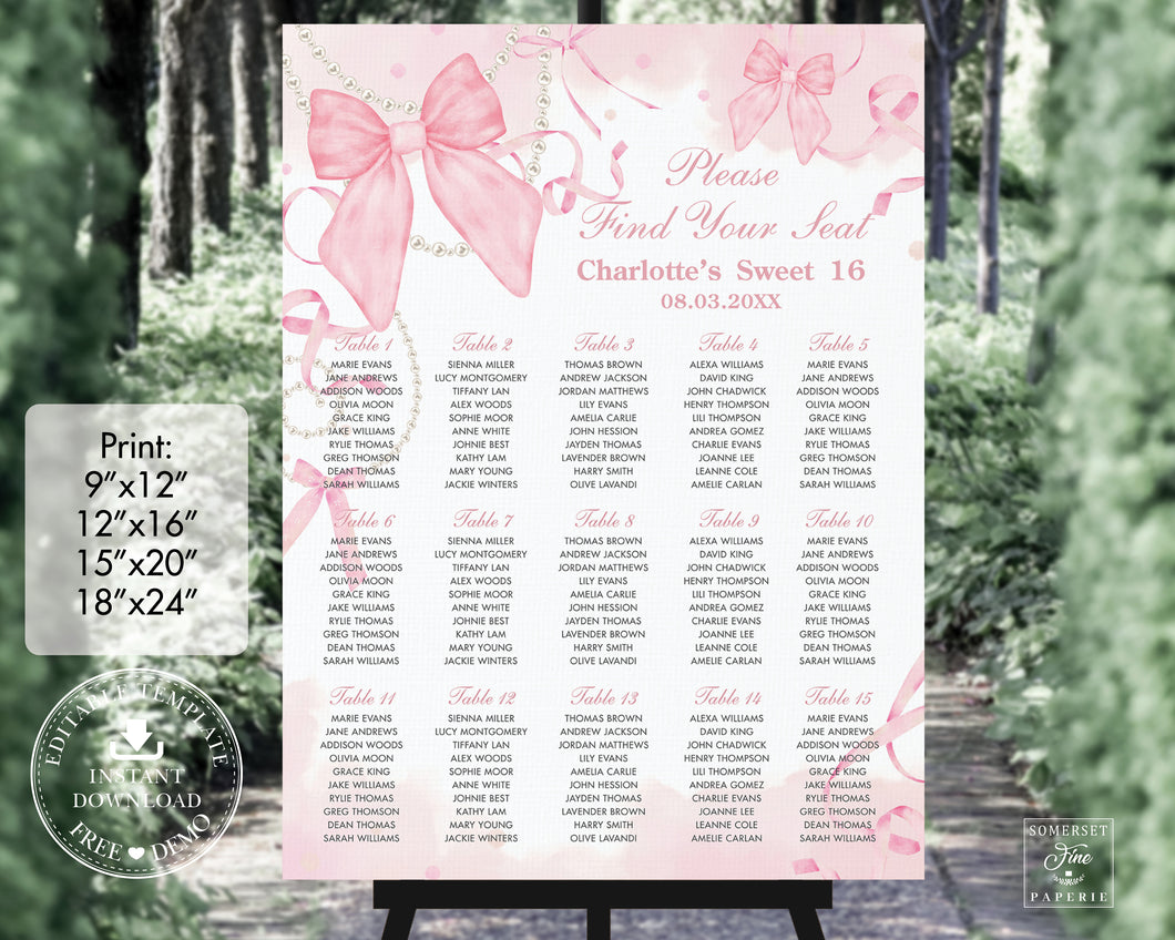 Coquette Sweet Girly Pink Bows Quinceañera Sweet 16 Birthday Seating Chart Sign Editable Template - Digital Printable Files - Instant Download - QC93