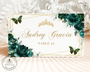 Emerald Green Floral Butterflies Gold Quinceañera Quince Birthday Sweet 16 Place Card Editable Template Printable, INSTANT Download, QC9