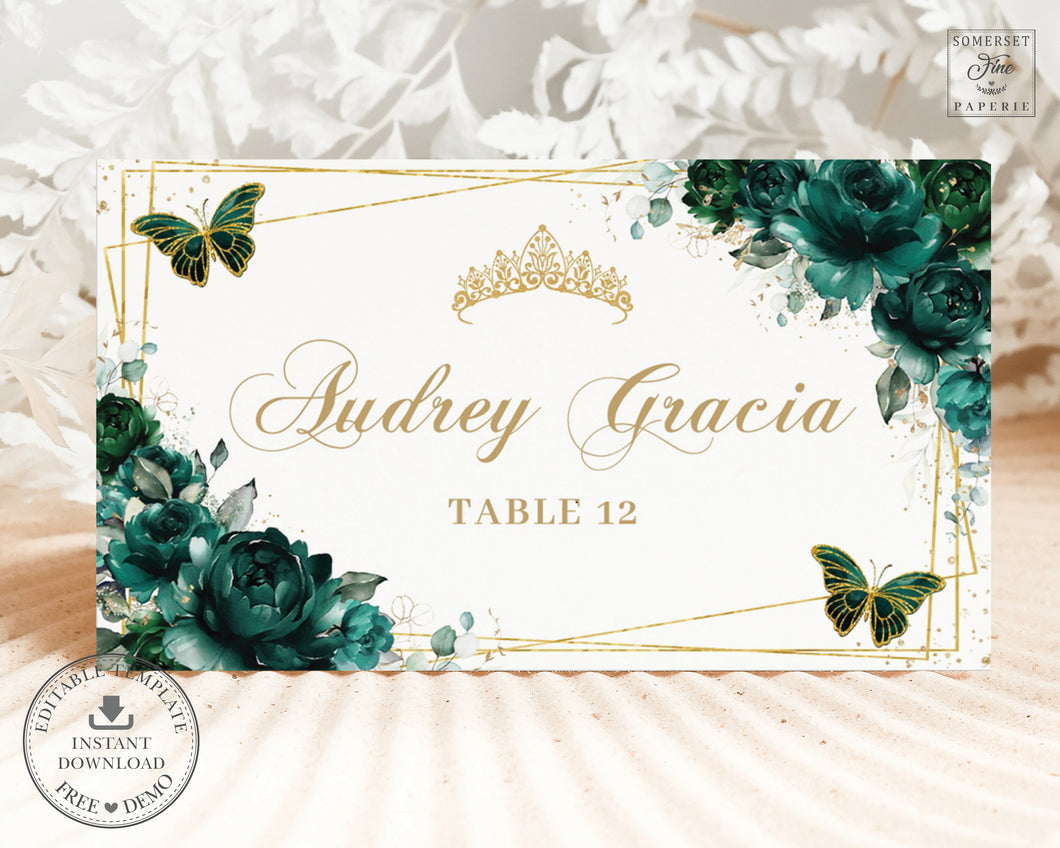 Emerald Green Floral Butterflies Gold Quinceañera Quince Birthday Sweet 16 Place Card Editable Template Printable, INSTANT Download, QC9