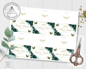 Emerald Green Floral Butterflies Gold Quinceañera Quince Birthday Sweet 16 Place Card Editable Template Printable, INSTANT Download, QC9
