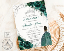 Load image into Gallery viewer, Chic Emerald Green Floral Brown Girl Dress Quinceañera Sweet 16 Birthday Invitation Editable Template - Digital Printable File - Instant Download - QC9
