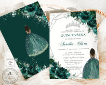 Load image into Gallery viewer, Chic Emerald Green Floral Brown Girl Dress Quinceañera Sweet 16 Birthday Invitation Editable Template - Digital Printable File - Instant Download - QC9
