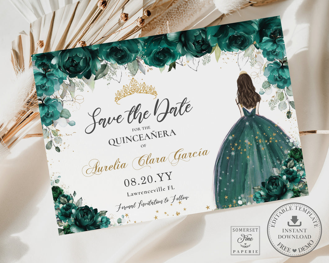 Emerald Green Floral Princess Dress Gold Quinceañera Sweet 16 Birthday Save the Date Editable Template - Digital Printable File - Instant Download - QC9