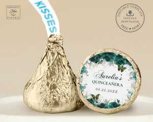 Emerald Green Floral Gold Quinceanera XV Birthday Round Label Editable Template for Hershey's Kisses - Digital Printable File - Instant Download - QC9
