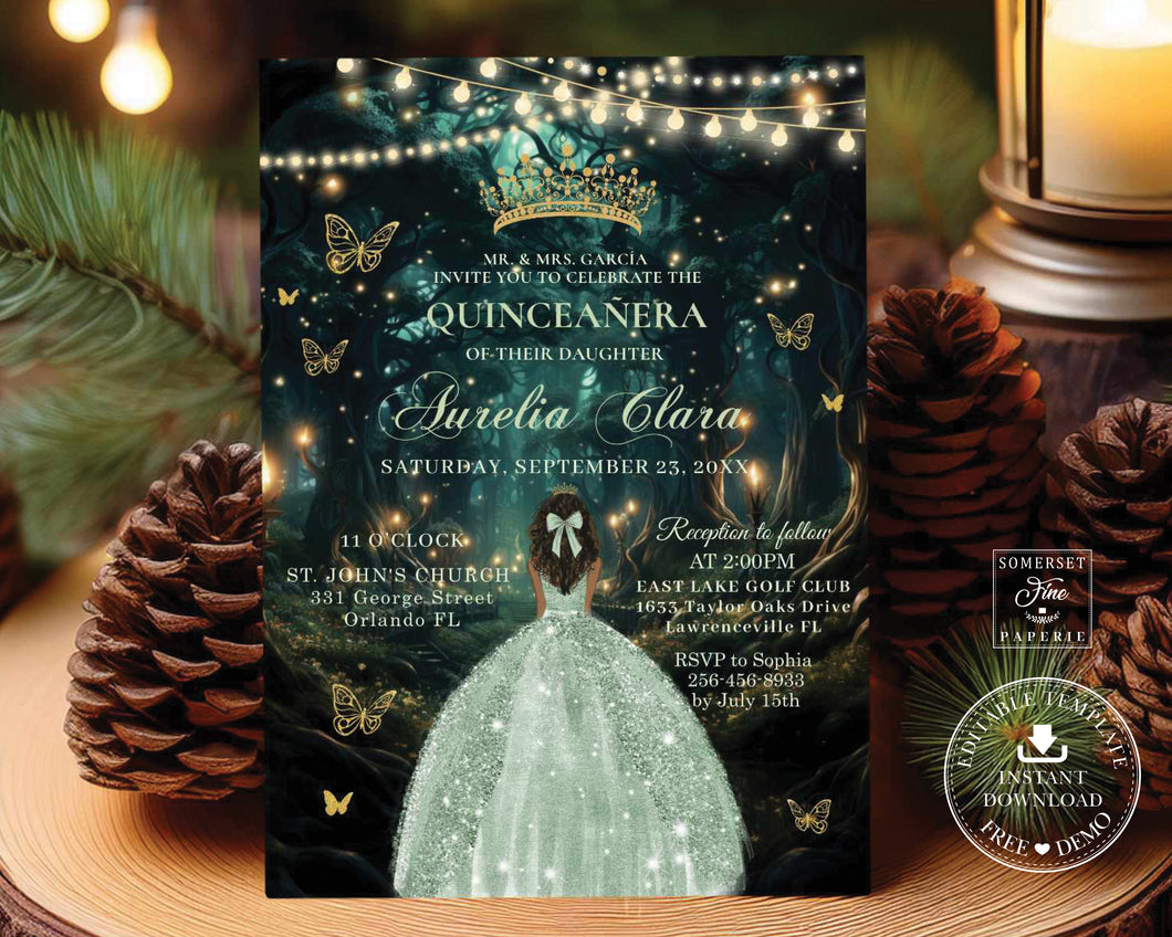 Elegant Enchanted Forest Sage Green Dress Brown Girl Quinceañera Sweet 16 Birthday Invitation Editable Template - Digital Printable File - Instant Download - EF2