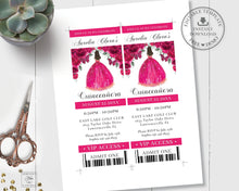 Load image into Gallery viewer, Chic Fuchsia Hot Pink Floral Quince Girl Silver Quinceañera Quinceanera Sweet 16 Birthday VIP Ticket Invitation Editable Template - Digital Printable File - Instant Download - QC71
