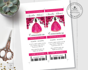 Chic Fuchsia Hot Pink Floral Quince Girl Silver Quinceañera Quinceanera Sweet 16 Birthday VIP Ticket Invitation Editable Template - Digital Printable File - Instant Download - QC71