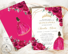 Load image into Gallery viewer, Chic Fuchsia Hot Pink Floral Quince Girl Gold Quinceañera Sweet 16 Birthday Invitation Editable Template - Digital Printable File - Instant Download - QC71
