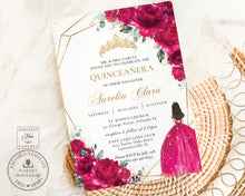 Load image into Gallery viewer, Chic Fuchsia Hot Pink Floral Quince Girl Gold Quinceañera Sweet 16 Birthday Invitation Editable Template - Digital Printable File - Instant Download - QC71
