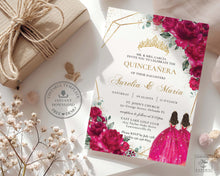 Load image into Gallery viewer, Chic Fuchsia Hot Pink Floral Twins Quince Girls Gold Quinceañera Sweet 16 Birthday Invitation Editable Template - Digital Printable File - Instant Download - QC71
