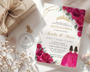 Chic Fuchsia Hot Pink Floral Twins Quince Girls Gold Quinceañera Sweet 16 Birthday Invitation Editable Template - Digital Printable File - Instant Download - QC71