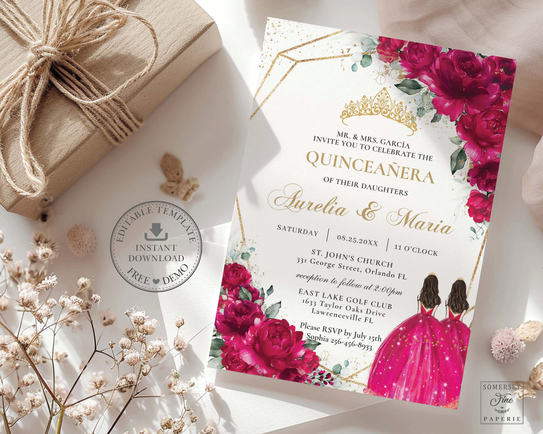 Chic Fuchsia Hot Pink Floral Twins Quince Girls Gold Quinceañera Sweet 16 Birthday Invitation Editable Template - Digital Printable File - Instant Download - QC71