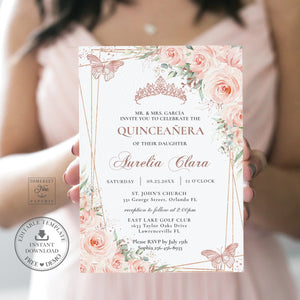 Chic Blush Floral Rose Gold Butterflies Quinceañera Sweet 16 Birthday Invitation Editable Template - Digital Printable File - Instant Download - QC45