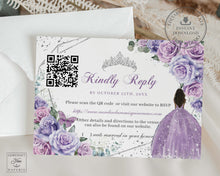 Load image into Gallery viewer, Purple Lilac Floral Brown Princess Silver Quinceañera RSVP Card QR Code Printable EDITABLE Template Quince 15 XV Sweet 16 Birthday Download QC37
