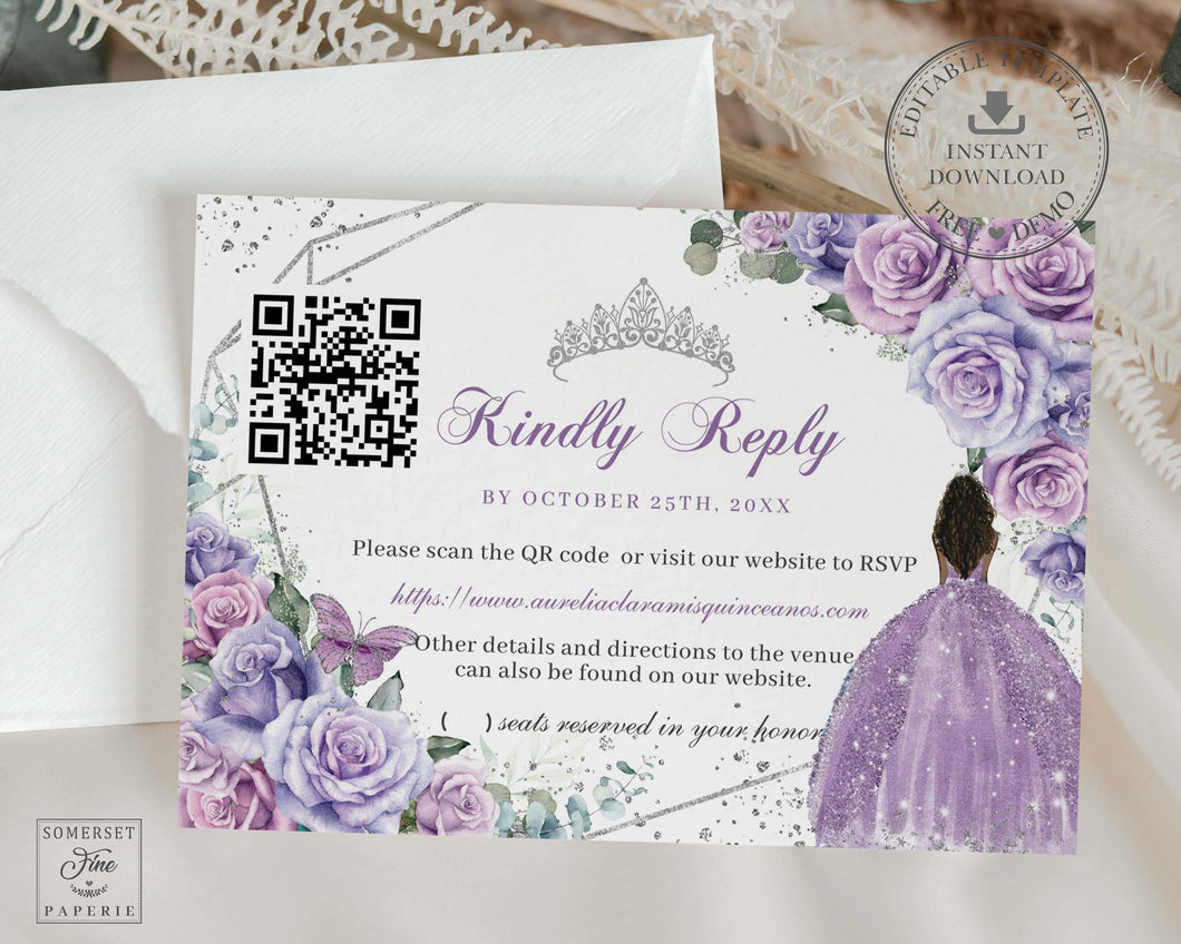 Purple Lilac Floral Brown Princess Silver Quinceañera RSVP Card QR Code Printable EDITABLE Template Quince 15 XV Sweet 16 Birthday Download QC37