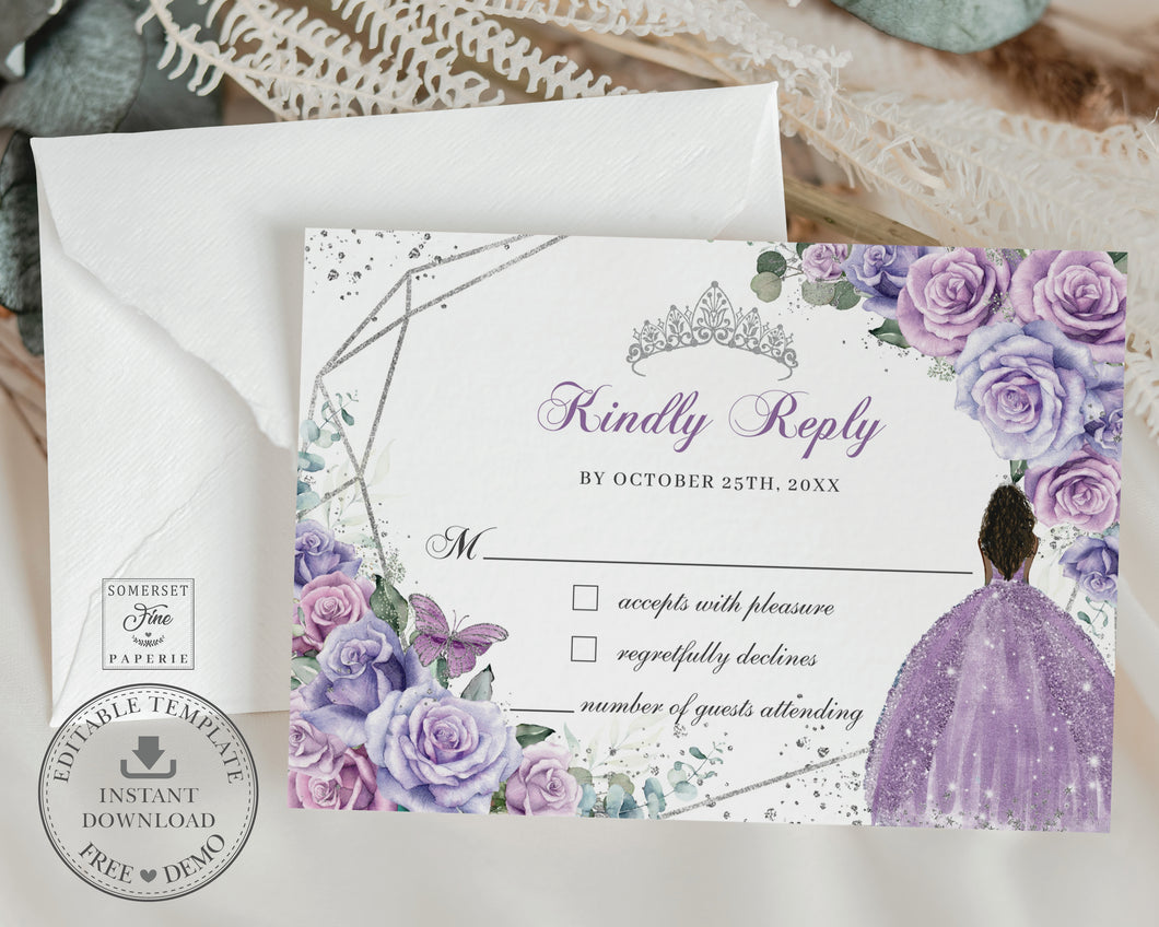 Purple Lavender Floral Brown Princess Silver Quinceañera Sweet 15 16th Birthday RSVP Reply Card Editable Template - Digital Printable Files - Instant Download - QC37
