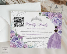 Load image into Gallery viewer, Purple Lilac Floral Princess Silver Quinceañera RSVP Card QR Code Printable EDITABLE Template Quince 15 XV Sweet 16 Birthday Download QC37
