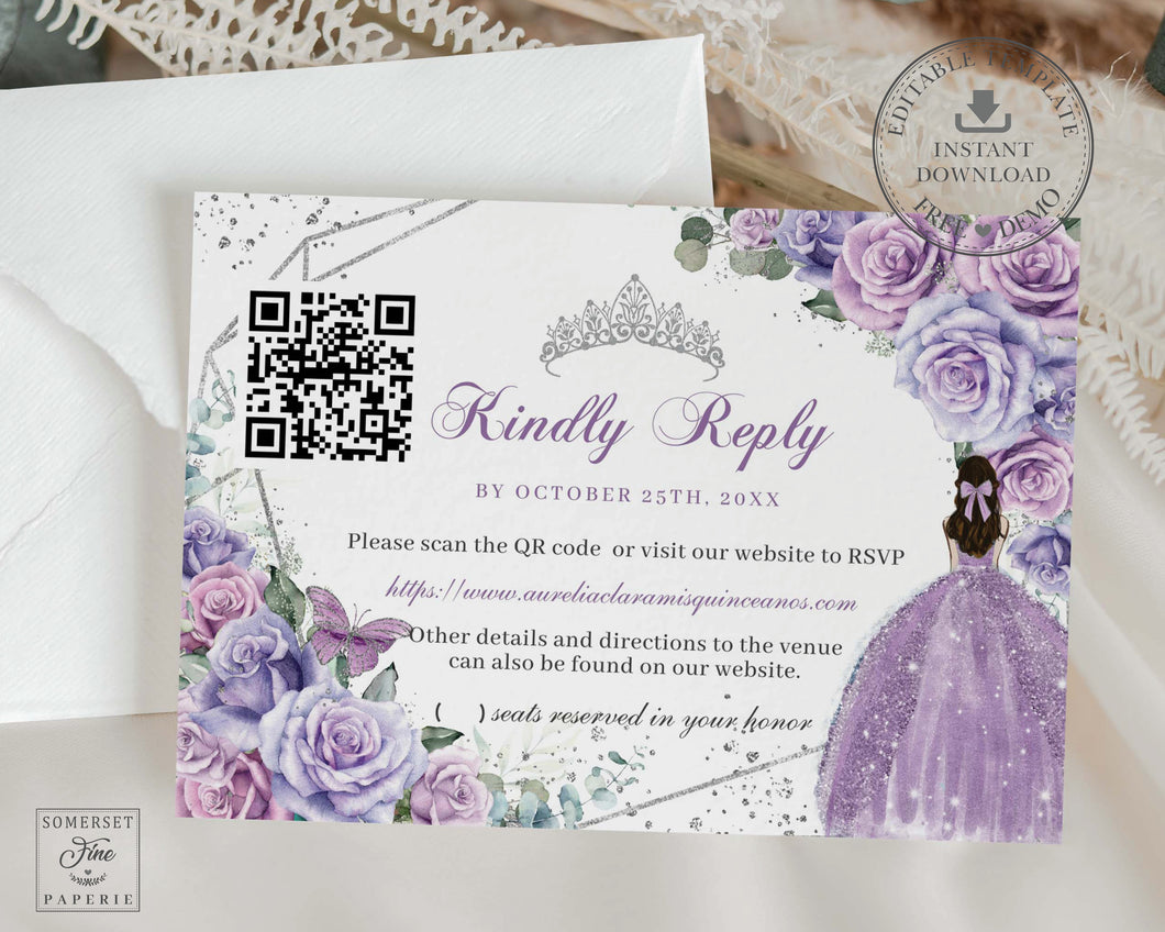 Purple Lilac Floral Princess Silver Quinceañera RSVP Card QR Code Printable EDITABLE Template Quince 15 XV Sweet 16 Birthday Download QC37