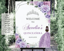 Load image into Gallery viewer, Purple Lilac Lavender Floral Silver Quinceañera XV Princess Welcome Sign, EDITABLE TEMPLATE, Digital Printable File, Instant Download, QC37
