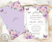 Load image into Gallery viewer, Purple Lilac Pale Pink Floral Silver Butterflies Quinceañera Sweet 16 Birthday Invitation Editable Template - Digital Printable File - Instant Download - QC58
